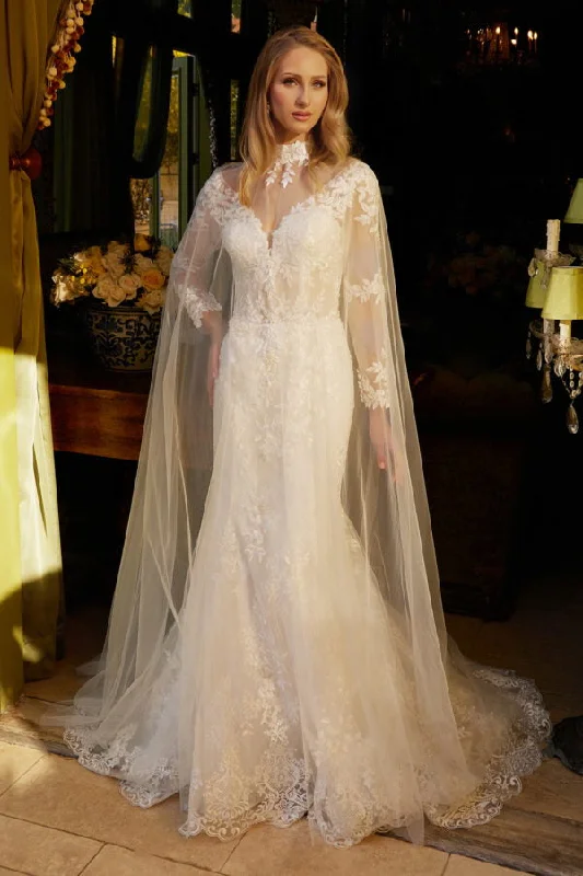 Extra Discounts denim dressLong Sleeve Mermaid Bridal Gown Cape Wedding Dress