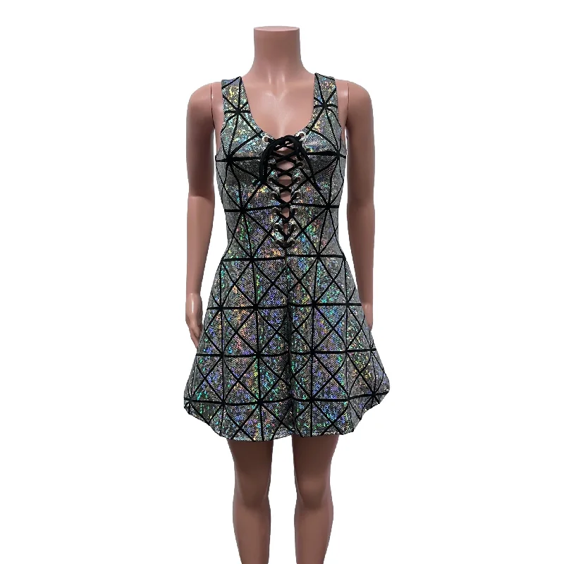 Seasonal Sale off-the-shoulder dressLace-Up Open-Front Dress - Silver Glass Pane Holographic