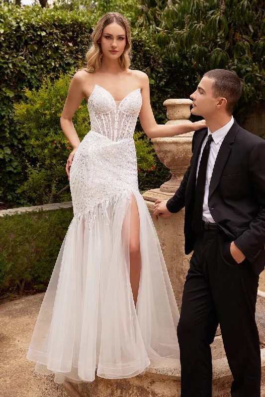 Doorbuster Deal luxury dressCinderella Divine CD0215W Long Strapless Beaded Mermaid Wedding Dress