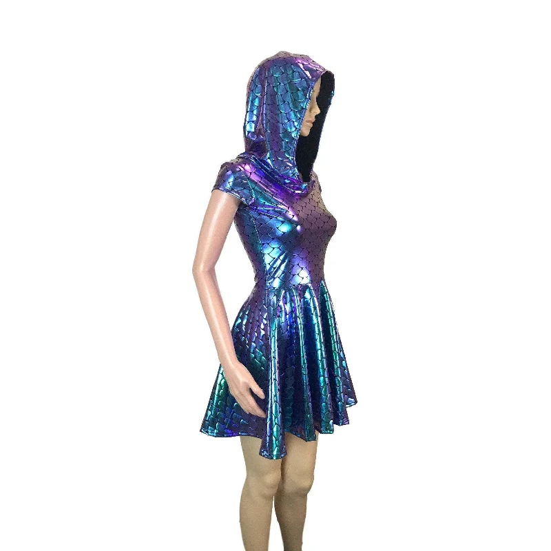 Super Sale ashionable dressMermaid Scales Holographic Cap Sleeve Hoodie Skater Dress