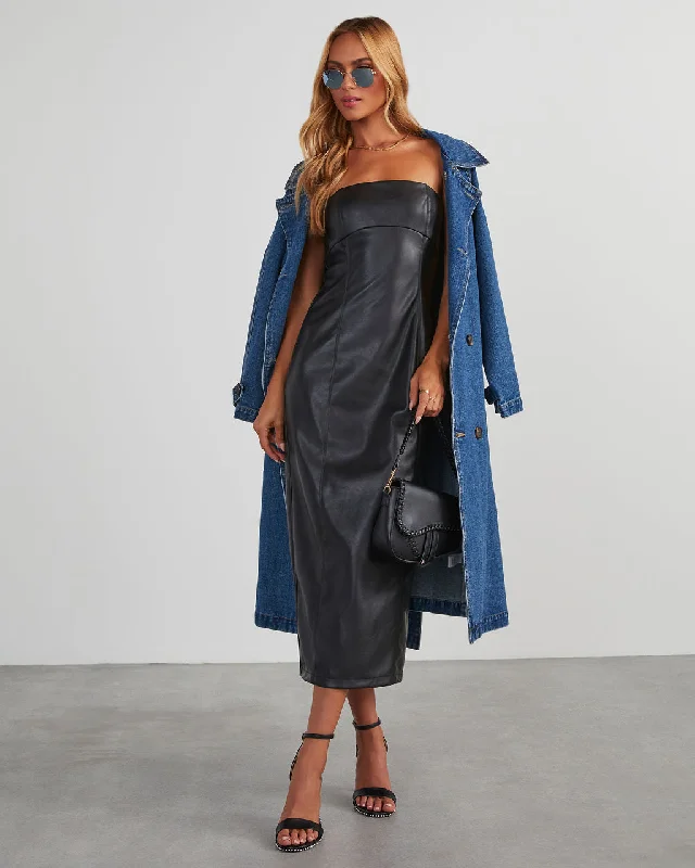 Loyalty Reward pleated maxi dressReeva Strapless Faux Leather Midi Dress