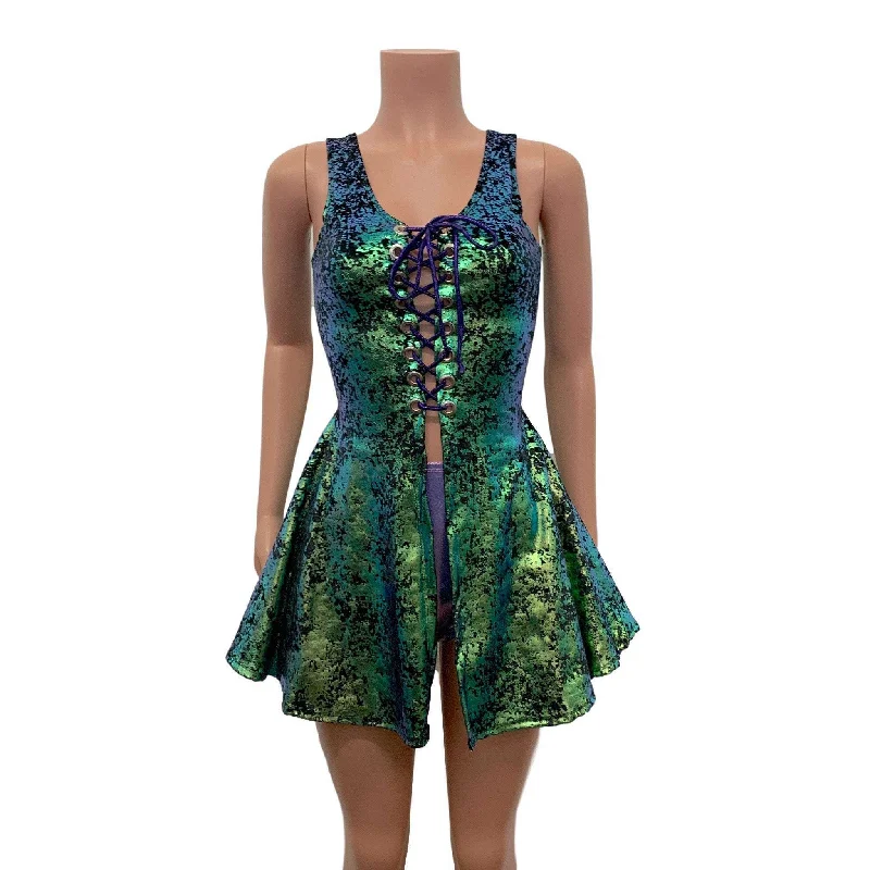 Huge Savings floral midi dressLace-Up Open-Front Dress - Green on Black Gilded Velvet