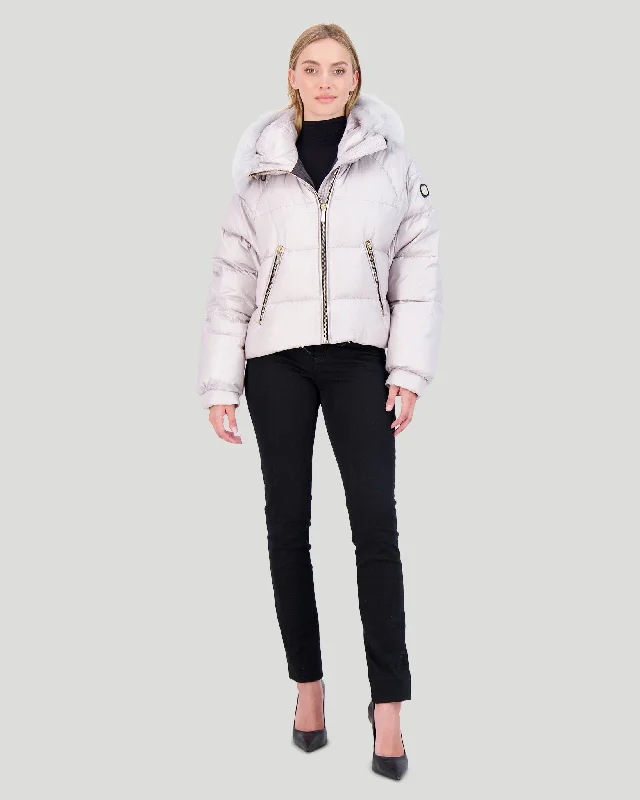 Friends and Family Sale graphic coatAPRES-SKI JACKET WITH DETACHABLE TOSCANA LAMB HOOD TRIM