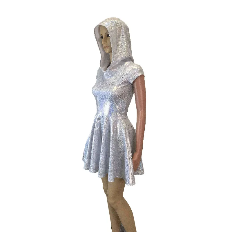 Seasonal Clearance winter dressHooded Skater Dress - Silver on White Holographic Fit n Flare Dress